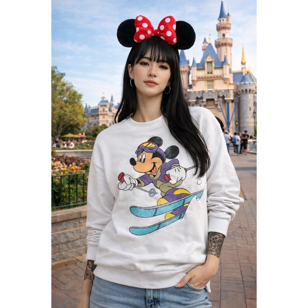 Disney Mickey Mouse Skiing Sweatshirt Unisex Small White Graphic Long Sleeve